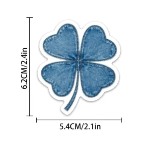 Blue denim four-leaf clover sticker patch with orange stitching, size 6.2x5.4cm for decor.