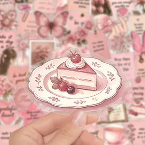 Detail view of watercolor pink cake transparent sticker, PET waterproof journal sticker.
