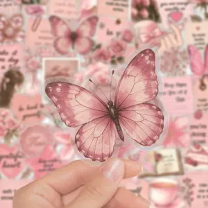 Waterproof PET pink butterfly stickers, aesthetic journaling decorative decal for water bottle.