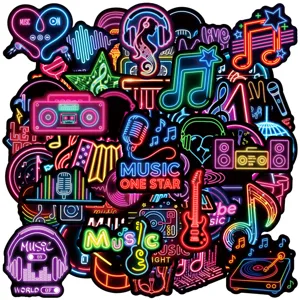 Close-up detail of colorful neon music waterproof graffiti stickers, guitar and headphone pattern.