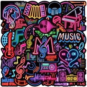 Neon music graffiti stickers detail shot, showing colorful waterproof decal designs for DIY decor.