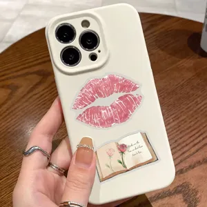 White silicone phone case with pink lips and vintage book art design, stylish and durable.