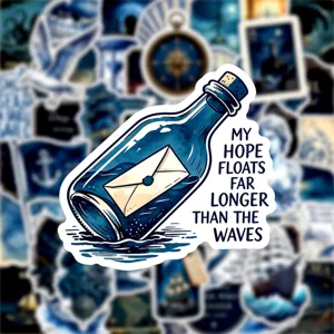 Gedetailleerd overzicht van een mooie glazen fles sticker met inspirerend citaat.