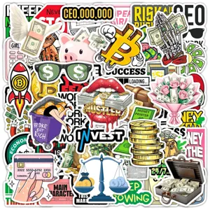 Waterproof graffiti stickers set featuring currency and finance themes for laptop and phone.