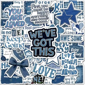 50pcs vintage denim blue aesthetic stickers inspirational quotes waterproof decor pack