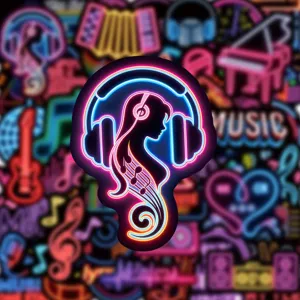 Waterproof neon music sticker detail showcasing glowing headphone girl design for DIY decor.