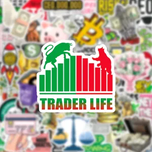 Close-up detail of the stock market bull and bear sticker with colorful bar chart and bold text.