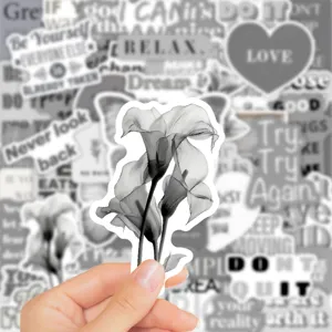 Adesivi con frasi motivazionali grigio Morandi estetici in bianco e nero impermeabili.
