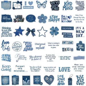 50pcs vintage blue denim motivational sticker pack waterproof laptop luggage decor aesthetic