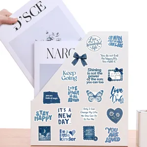 Blue denim vintage inspirational waterproof stickers set, detail view of cute quotes and icons.