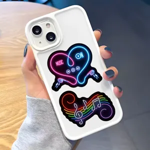 White phone case with vibrant neon music heart and note design, stylish daily protective cover.