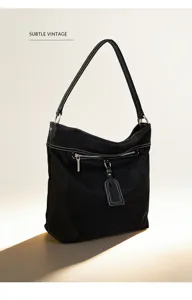 Bolso de hombro de cuero negro y nailon tote casual de gran capacidad elegante bolso elegante