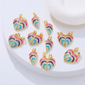 Heart-shaped magnetic couple pendant, copper gold plated with colorful enamel and cubic zirconia.