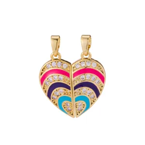 Exquisite copper gold-plated magnetic split heart pendant with colorful enamel and cubic zirconia.