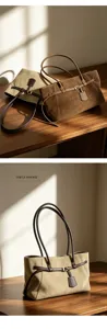 Classic suede tote bag for women, large capacity vintage shoulder bag, elegant commuting handbag.