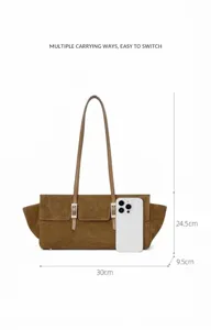 Detailed size view of the genuine leather suede hobo shoulder bag with dimensions and phone.