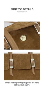 Brown suede shoulder bag detail view, premium leather hobo handbag with metal buckle.