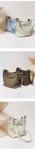 Detailed view showcasing multiple color options of this premium genuine leather bucket bag.