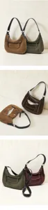 Detail view of premium suede leather shoulder bag featuring contrast stitching and pocket.