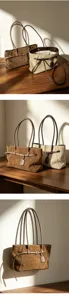 Detailed view of large capacity suede leather tote bag with elegant buckle and long straps.