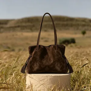 Vintage brown suede shoulder bag, large capacity winter fashion tote handbag for women.