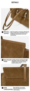 Close-up details of brown suede shoulder hobo bag, highlighting refined oil edges and fine texture.