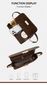 Sac bandoulière baguette en cuir marron, affichage des détails de capacité et structure.