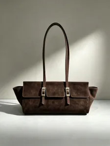 Dark brown suede shoulder bag for women retro baguette style chic underarm tote handbag.