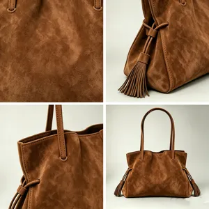 Brown suede tote bag for women retro shoulder bag with tassel stylish winter handbag
