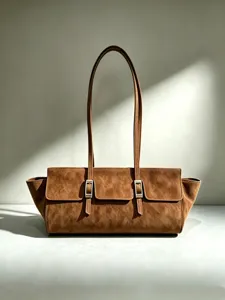 Brown suede leather shoulder bag vintage baguette underarm tote bag for women daily commute