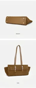 Suede leather underarm bag detail, brown hobo shoulder bag with metal studs & buckle.