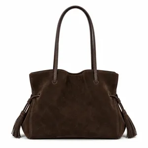Classic dark brown suede tote bag with double handles and elegant side tassels for women.
