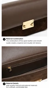 Détail de sac baguette en cuir et daim marron avec fermoir doré et poche intérieure zippée.