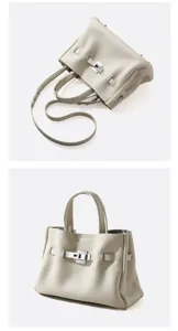 Vue détaillée du sac cabas en cuir de qualité, élégant sac à main blanc cassé très chic.