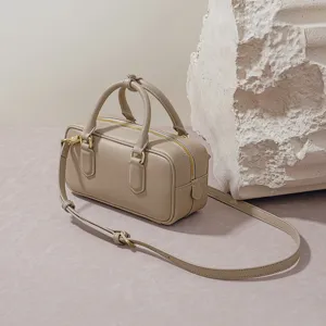 Womens Genuine Leather Crossbody Bowling Bag Chic Boston Handbag Stylish Beige Color