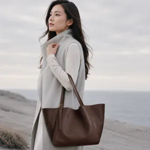 Femme Rétro Grande Capacité Cabas Couleur Contrastée Patchwork Cuir Véritable Épaule Sous-Bras Sac Décontracté Main