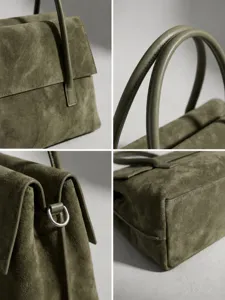 Green suede leather handbag, retro large capacity tote bag, stylish shoulder crossbody bag for women