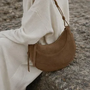 Brown suede crescent shoulder bag, stylish hobo purse for women, daily vintage casual wear.