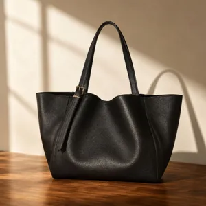 Élégant sac cabas noir en cuir pour femme, grand sac porté épaule avec boucle élégante.