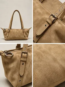 Khaki suede tote bag for women, vintage retro shoulder bag with metal buckle details.