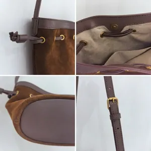 Women's Genuine Leather Bucket Bag Retro Drawstring Crossbody Bag Casual Daily Shoulder Handbag Small Mobile Phone Bag