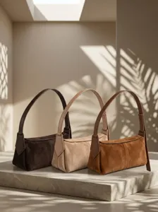 Classic retro suede shoulder bag for women, elegant commuter handbag with adjustable strap.