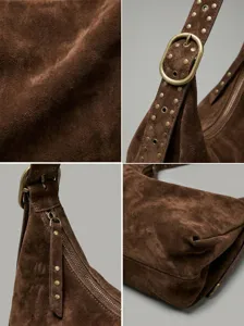 Brown suede shoulder bag for women, minimalist vintage tote handbag with metal hardware.