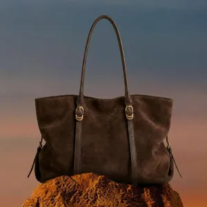 Stylish dark brown suede tote bag for women, large capacity retro single-shoulder bag winter.