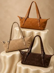 Suede shoulder bag casual horizontal tote commuter handbag stylish retro brown purse large