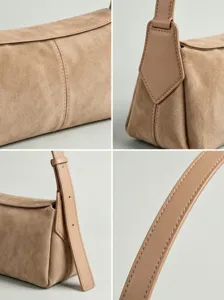 Vintage suede women shoulder bag stylish brown crossbody tote bag with detailed stitching.