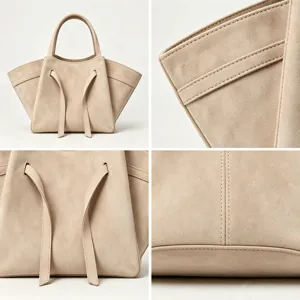 Elegant beige suede tote bag for women, large capacity commuter shoulder bag with stylish straps.