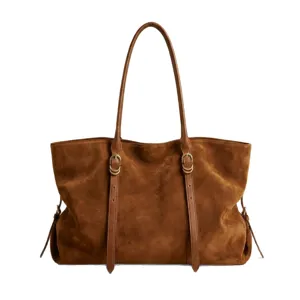 Large capacity brown suede leather tote bag, retro style women's shoulder handbag.