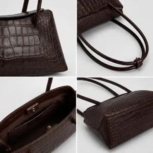 Dark brown crocodile pattern leather shoulder bag for women, chic underarm tote bag with dual straps.