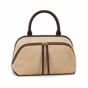 Suede Boston bag for women, stylish commuting shoulder handbag, casual bowling handbag khaki